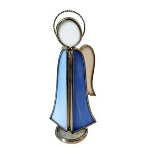 Heavy Stained-Glass Angel Figurine Blue and White Sun Catcher 7" Tall